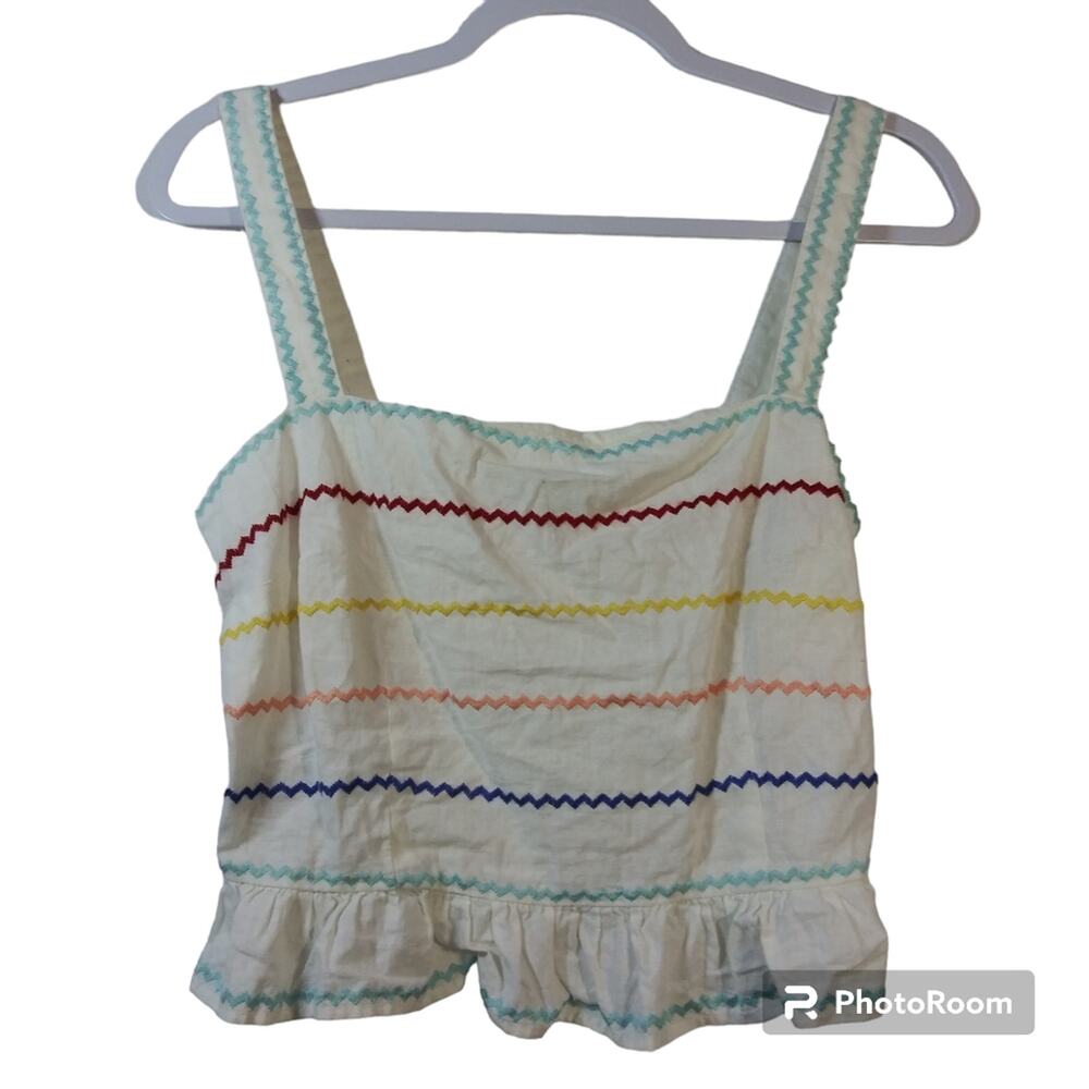 Forever 21 Rainbow White Ric-rac Trimmed Cotton Linen Ruffle Top Size L